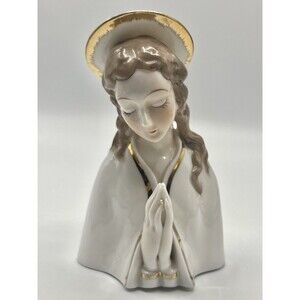 Vintage porcelain Virgin Mary Praying Hands Figuring Gold Halo Japan Made